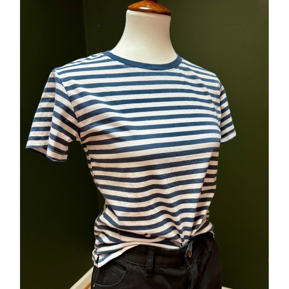 Free Assembly White & Navy Striped T-Shirt Women's XS - Picture 2 of 6